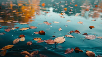 Aufkleber - Autumn leaves floating on a calm lake surface