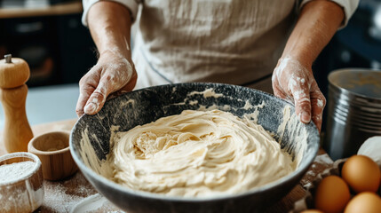 Canvas Print - A person holding a large bowl of creamy dough in a kitchen setting with various baking ingredients like flour and eggs scattered around on a wooden surface.