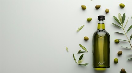 Wall Mural - Bottle of olive oil with reflection on white background with copy space and scattered olives around