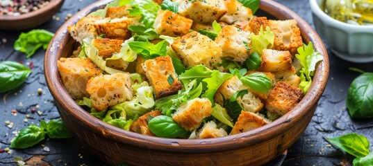 Wall Mural - Fresh Green Salad with Crunchy Croutons and Aromatic Herbs A Close-up View of a Delicious Meal