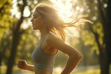 Wall Mural - Active Female Runner with Flowing Hair Outdoors