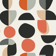 Poster - Abstract geometric pattern with circles, half circles, and irregular shapes in gray, black, coral, and beige on a white background.