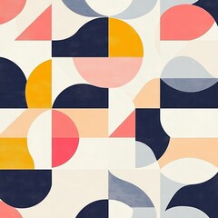 Wall Mural - Abstract geometric pattern with circles, squares, and triangles in yellow, pink, blue, and black on a white background.