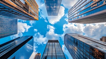 Looking up at a cluster of skyscrapers against a blue sky with fluffy white clouds.