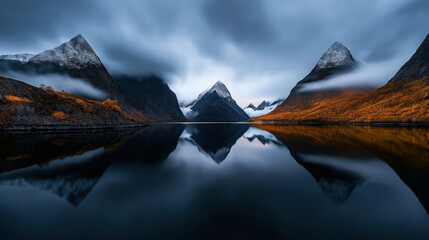 Canvas Print - Serene landscape with majestic mountains reflected in a calm lake. Snow-capped peaks and vibrant autumn foliage contrast with the dark water under a cloudy sky.