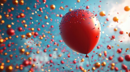 A vibrant red balloon floats against a colorful confetti backdrop in a clear blue sky during a festive celebration