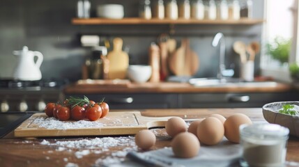 Close-up of kitchen ingredients including eggs and tomatoes on a wooden countertop