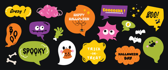 Set of speech bubble with text halloween concept vector. Collection of contemporary figure, skull, bat, pumpkin, candy, spider. Chat design element perfect for banner, print and sticker set.