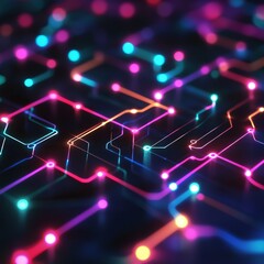 Poster - Abstract glowing circuit board with bright neon colors.