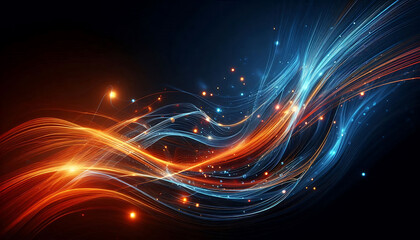 Abstract dynamic flowing lines in vibrant orange blue hues composition evokes a feeling of motion and light suggesting a digital or futuristic theme against a dark background