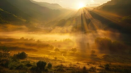 Poster - Early morning sunlight through fog in a mountain valley