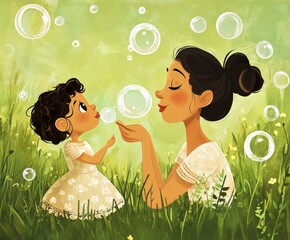 Illustration showing a mother and daughter playing with bubble wands