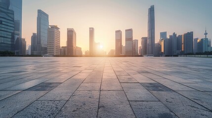 Aufkleber - Empty square in front of modern city skyline during sunset with clear sky and soft lighting