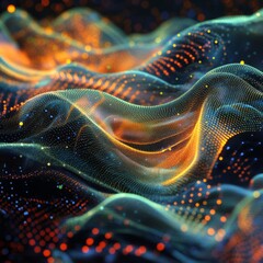 Wall Mural - Abstract glowing green and orange wave pattern with bokeh dots.