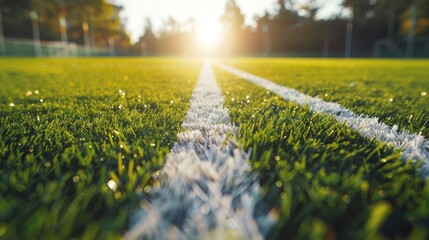 Wall Mural - Football field penalty area, close-up view of white line on green grass, sunlight