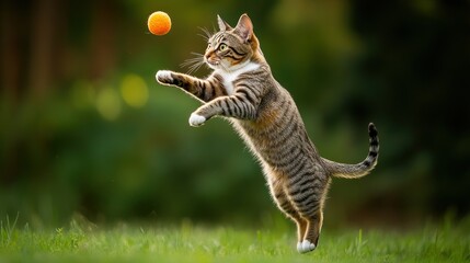 Wall Mural - A playful cat jumps to catch an orange ball in a lush green setting.