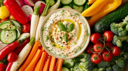 Wall Mural - Fresh vegetable platter with hummus dip, vibrant colors, top view, healthy appetizer