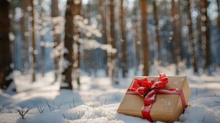 Poster - Gift boxes in a snowy forest with pine trees in the background