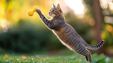 Wall Mural - A playful cat leaps in the air, reaching for a yellow toy in a vibrant outdoor setting.