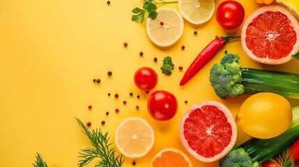 Wall Mural - Citrus fruits and vegetables arranged on a yellow background