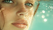 © Наталія Євтехова - A close-up of a 17-year-old girl`s face underwater, focusing on her natural mouth, lips slightly parted, with her long brown hair and fair skin illuminated by the caustic water lig