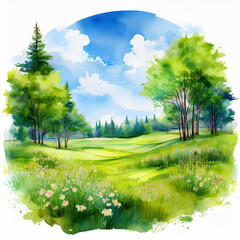 Wall Mural - Watercolor painting of bright green forest, blooming trees and flowers. Blue sky. Natural landscape