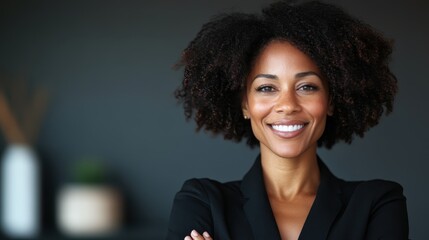 A joyful woman with natural curly hair, wearing a dark blazer, crossing her arms and smiling confidently, standing against a blurred dark background.