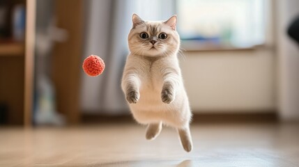 Wall Mural - A playful cat leaps towards a red ball in a cozy indoor setting.