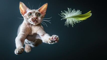 Wall Mural - A playful cat leaps towards a feather, showcasing agility and curiosity.