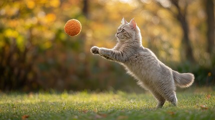 Wall Mural - A playful cat leaps to catch an orange ball in a sunny outdoor setting.