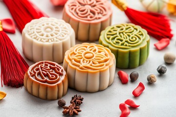 Colorful mooncakes displayed with decorative elements, perfect for festive celebrations and cultural occasions.