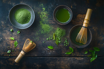 Equipment for making green tea on a gray background