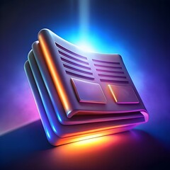 A futuristic and stylized icon of a newspaper with vibrant neon lighting.