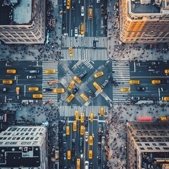 Wall Mural - Aerial view of a busy city intersection with yellow taxis and pedestrians.