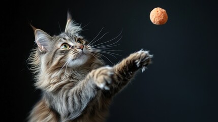 Wall Mural - A playful cat reaching for a floating orange ball against a dark background.