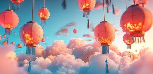 Canvas Print - Red lanterns against a cloudy sky