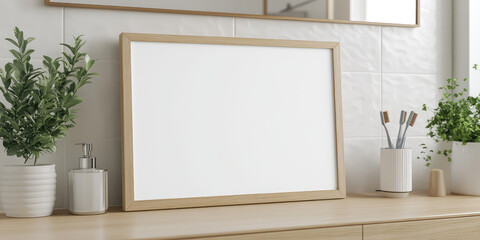 Mock up white blank painting in wooden frame, cozy modern minimal bathroom interior background. Template for the picture