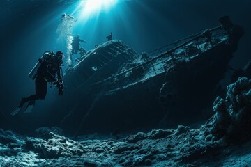 Canvas Print - Divers exploring the underwater remains adventure shipwreck outdoors.