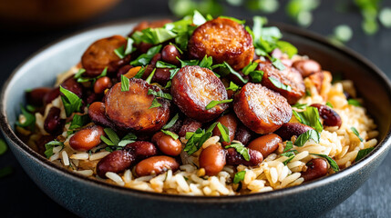 Wall Mural - A close-up image of a bowl filled with rice, red beans, and slices of sausage, garnished with fresh herbs. The dish looks hearty and is a common comfort food.