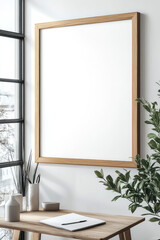 Mock up white blank painting in wooden frame, cozy modern minimal office interior background. Template for the picture