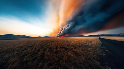 Sticker - Vast landscape with road alongside a large grassy field, distant wildfire with large smoke plumes rising into sky, dramatic contrast against serene plains and vibrant sky.