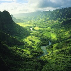 Canvas Print - Aerial view of a lush green valley with a winding river.