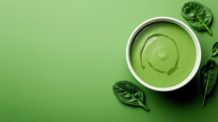 Poster - Bowl of green vegetable soup, likely spinach, with a drizzle of oil, placed on a green background with fresh spinach leaves around the bowl.