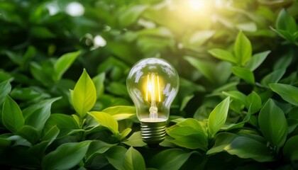 Glowing Light Bulb in Lush Green Foliage Representing Eco-friendly Technology and Sustainable Energy Solutions for Environmental Conservation