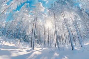 Winter forest landscape with tall trees blanketed in snow under a bright blue sky during a sunny day