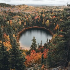 Poster - Aerial view of a secluded lake surrounded by a dense forest of evergreen and deciduous trees with vibrant fall foliage.