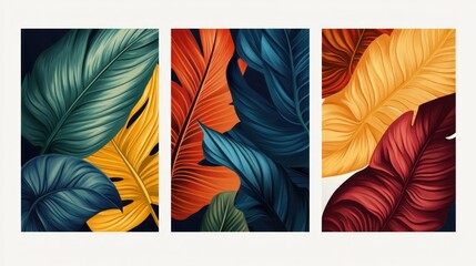 Set of Three Abstract Tropical Leaf Pattern Wall Art Panels for Decoration.