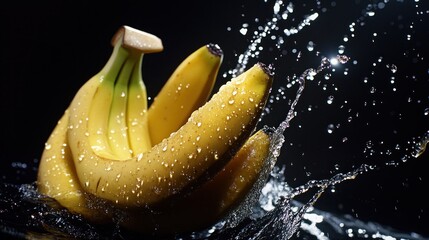 Bananas bunch with water splashes on a black background.