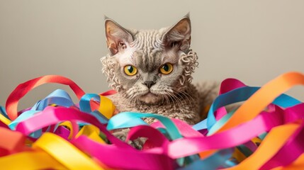 A playful cat surrounded by colorful ribbons, creating a festive atmosphere.