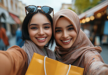 Two women smiling and holding shopping bags. One of them is wearing a scarf. Scene is happy and cheerful